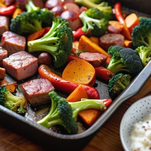 Sheet Pan Sausage and Veggies on baking tray.