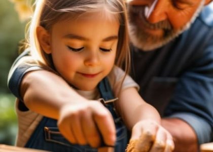 Family learning how to build a birdhouse.